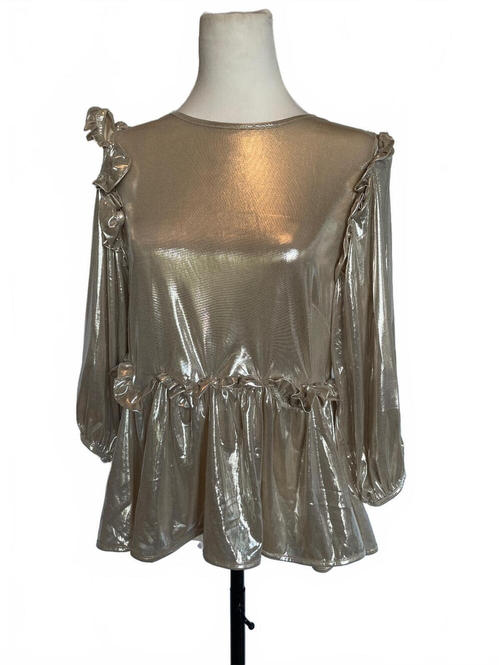 Champagne Lamé Ruffle Peplum Top XS Open Back Disco Fairy 80s Retro Glam NWT